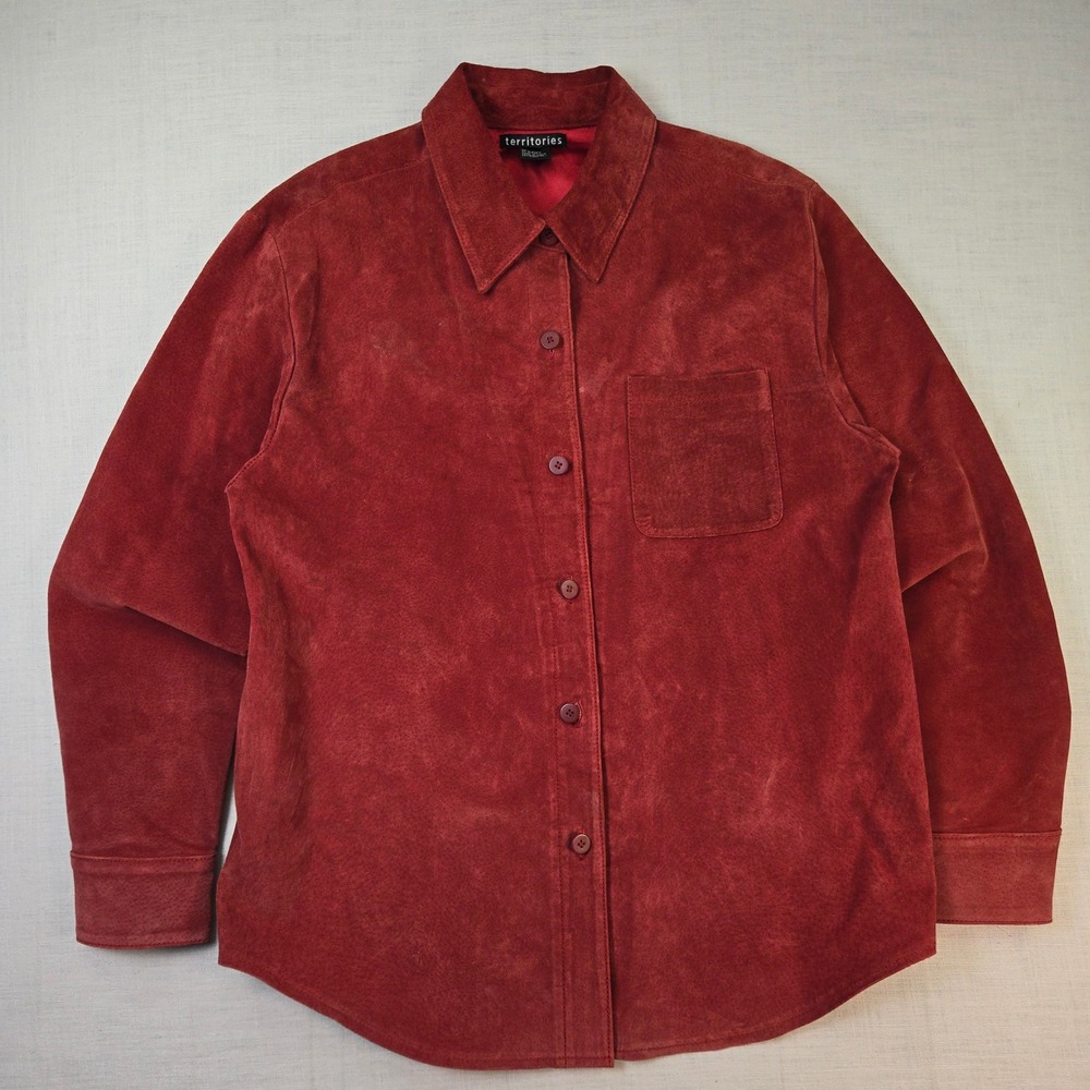 Territories Womens Suede Jacket L Heavy Shirt Red Button Western Cowgirl Grunge